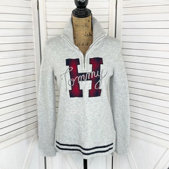 Tommy Hilfiger Logo Patch Varsity Sweater Grey Small Wool Blend Quarter Zip - Picture 1 of 12